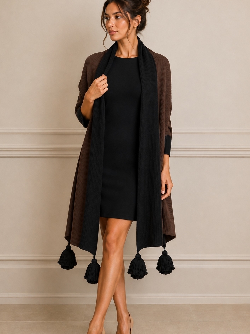 Colorblock Tassel Knit Shawl Wrap Poncho Scarf